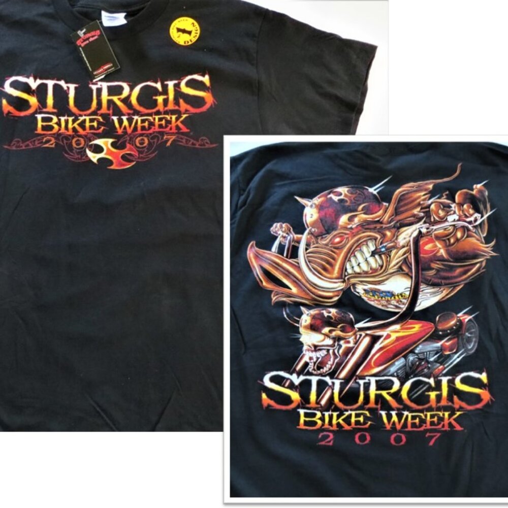 Deadstock Double-sided Sturgis 2007 T Shirt Bike Week Skeleton on motorcycle NWT